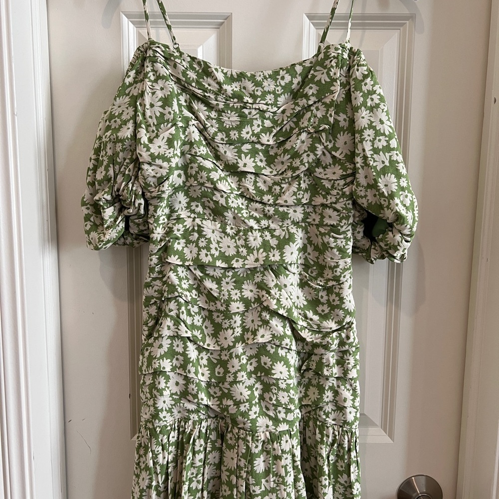 Astr Green and White Ruffled Tiered Sundress